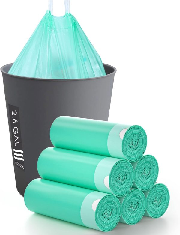 Small Trash Bags,  Drawstring Compostable Trash Bags, Strong Bathroom Trash Bags Waste Basket Liners for Bathroom, Kitchen, Office, Car, Outdoors (2.6 gallon 250pack, Green)