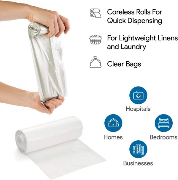 7-10 Gallon Clear Garbage Can Liners, 250 Count - Small - Medium Trash Can Liners - High Density, Thin, Lightweight, 8 Microns - For Office, Home, Hospital Wastebaskets - 5 Coreless Rolls - Image 2