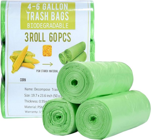 Trash Bags 4 Gallon, Biodegradable Small Garbage Bags Strong Tear & Leak Resistant, Recycled & Unscented Trash Bags for Kitchen, Bathroom, Office, Restroom, Car, Green, 60 Counts